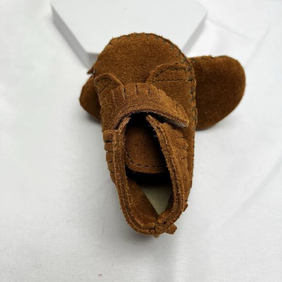 Minnetonka Brown Suede Leather Front Strap Baby Booties Moccasins Size 0 Infant - Picture 6 of 9